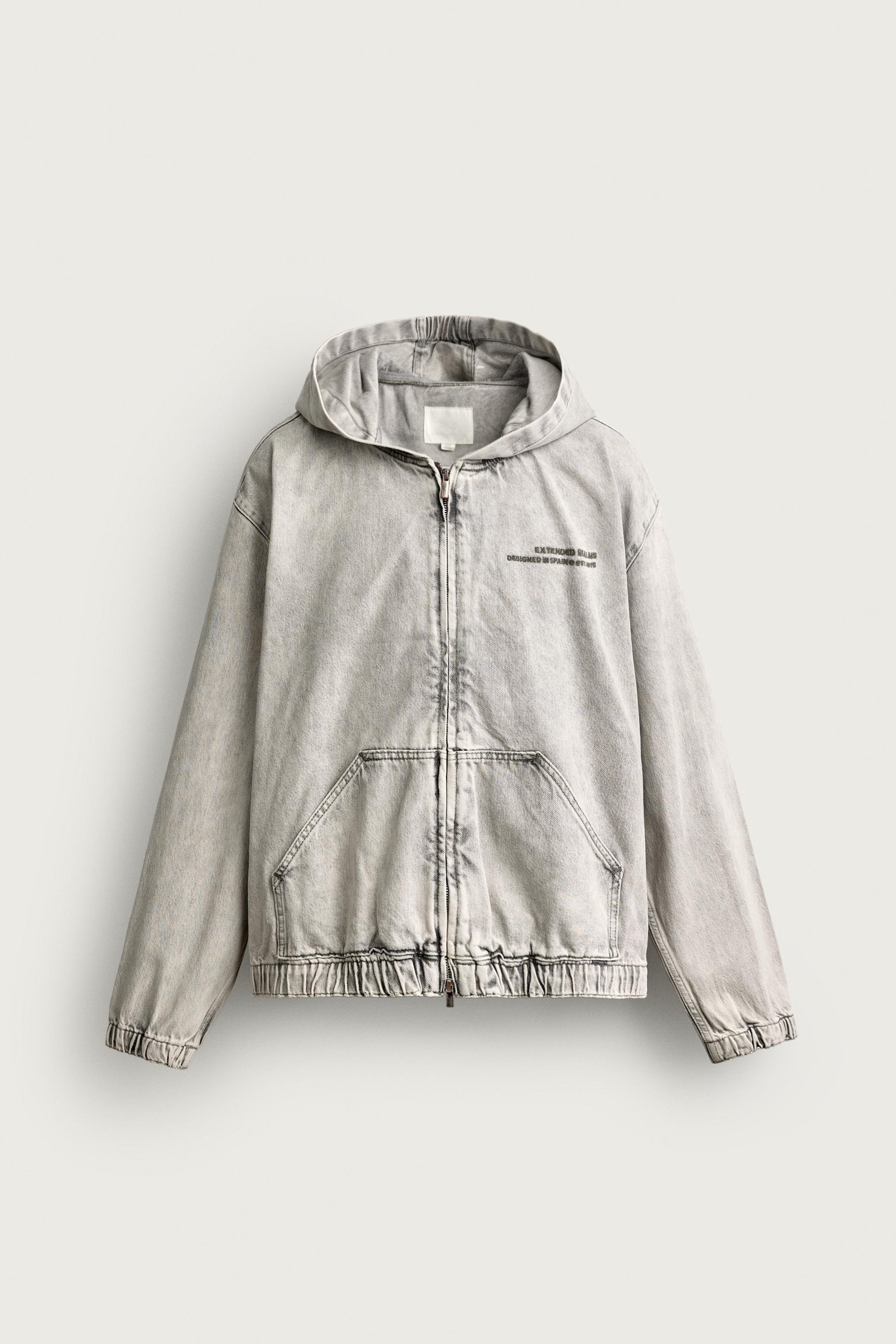 DENIM HOODED JACKET WITH EMBROIDERY — Pearl gray