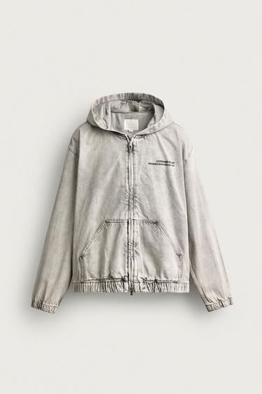 Zara DENIM HOODED JACKET WITH EMBROIDERY - Pearl gray