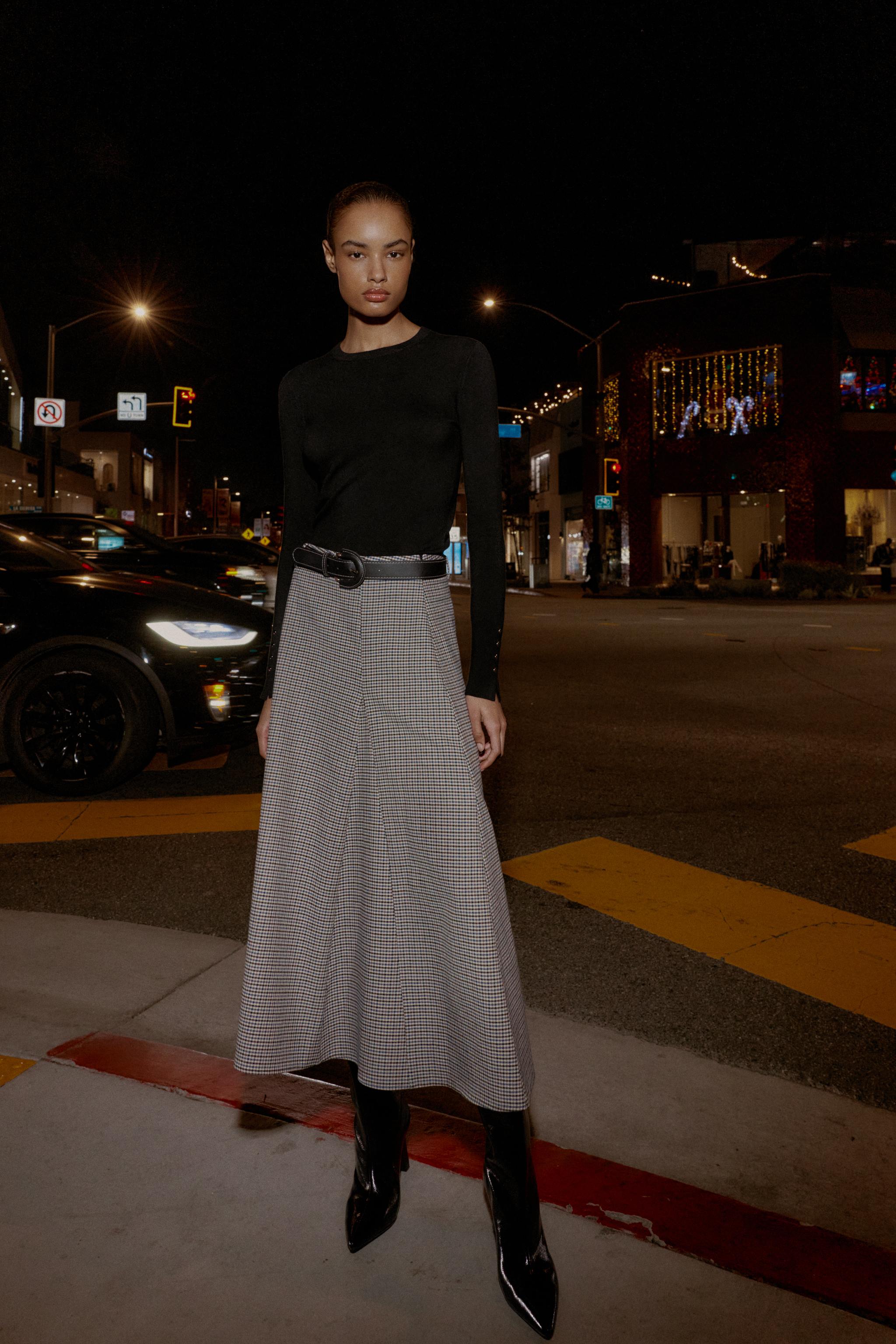 ベルト付きチェック柄ミディスカート - エクリュ/ブルー | ZARA Japan