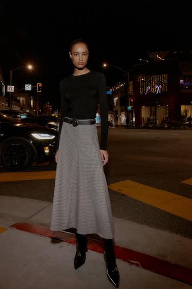 CHECKED MIDI SKIRT WITH BELT - Ecru / Blue by Zara - Image 0