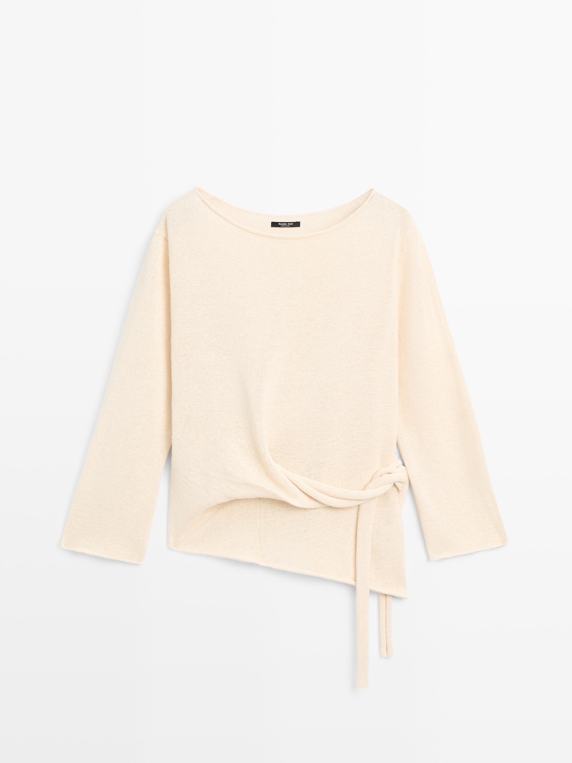 Asymmetric linen blend sweater with tie detail