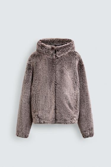 BLOUSON EFFET FOURRURE À CAPUCHE - Marron / Taupe de Zara - Image 7