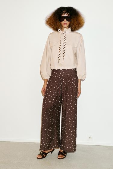 Zara POLKA DOT WIDE LEG PANTS - Brown / Ecru