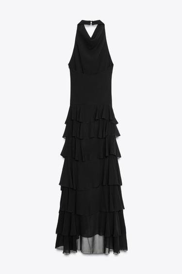 LANGES NECKHOLDER-KLEID MIT VOLANTS - Schwarz von Zara