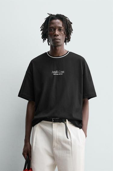 T-SHIRT WITH RAISED SLOGAN PRINTS - Black by Zara