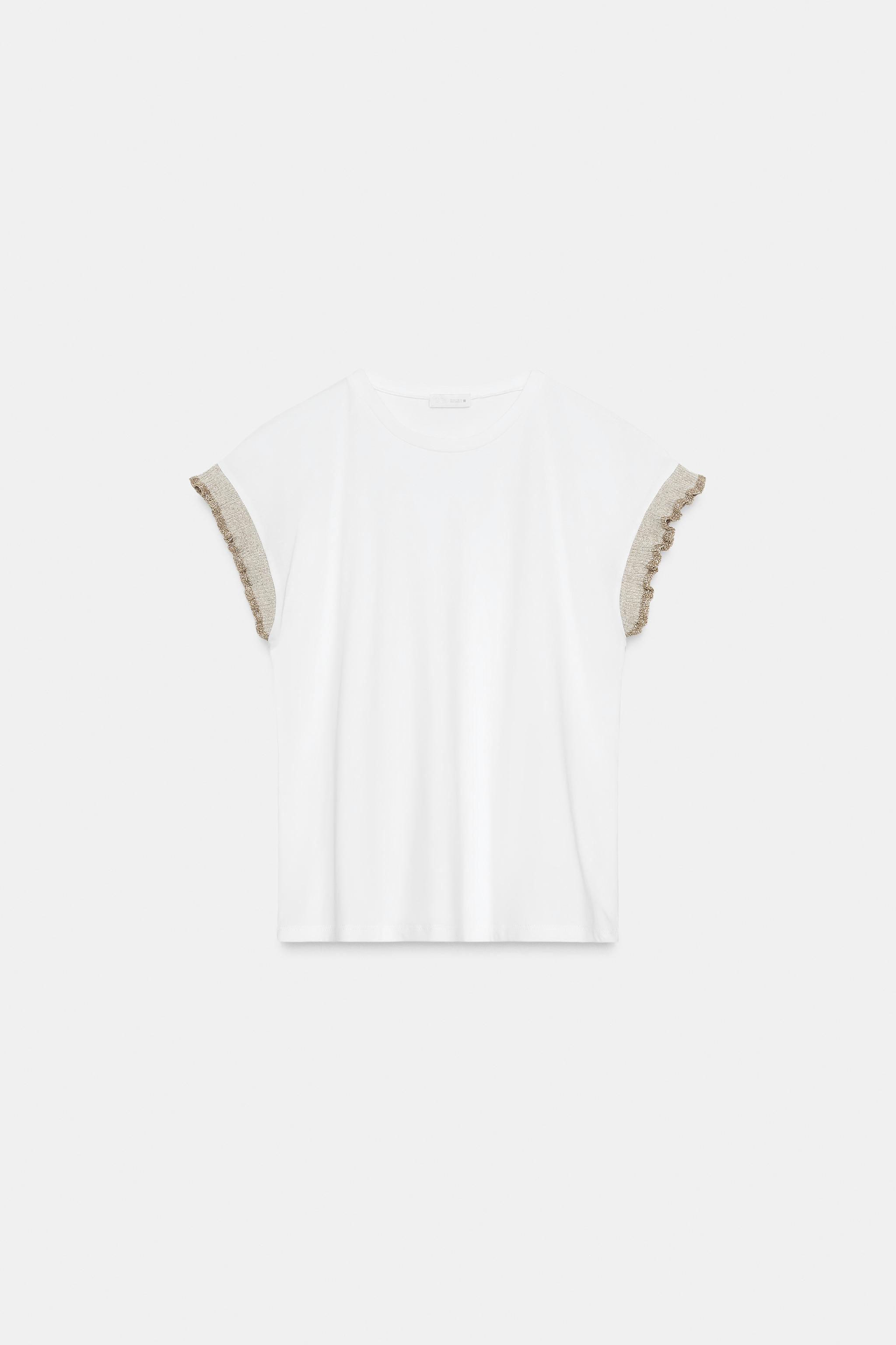 METALLIC THREAD RUFFLE T-SHIRT - White | ZARA United States