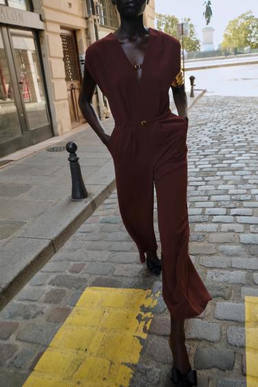 Zara WIDE-LEG BELTED JUMPSUIT - Maroon - Image 0