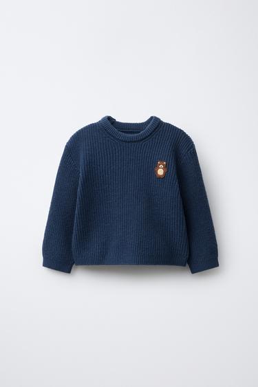 PULL EN MAILLE PERLÉE AVEC OURSON BRODÉ - Bleu de Zara