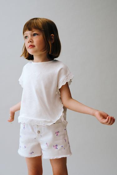Zara HIGH WAIST FLORAL TWILL SHORTS - White