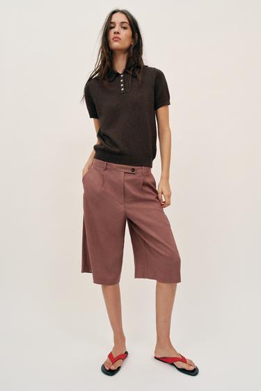 LONG LINEN BLEND BERMUDA SHORTS - MARSALA by Zara