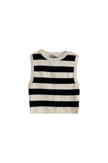 Black and white horizontal striped sleeveless knit top on a white background. ZARA label on the collar.