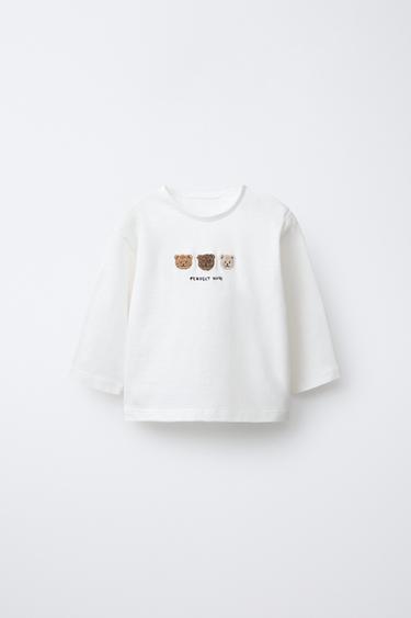 T-SHIRT APPLIQUÉ ANIMAUX EN VELOURS BOUCLÉ OURSONS - Blanc cassé de Zara - Image 0