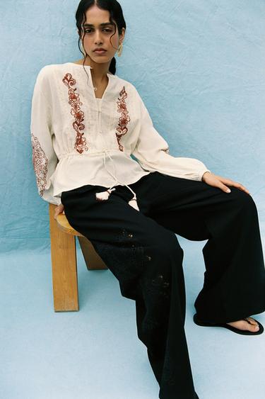EMBROIDERED DRAWSTRING BLOUSE - Ecru / Maroon by Zara