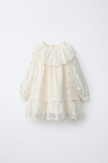 EMBROIDERED FLOWER TULLE DRESS — Ecru 1