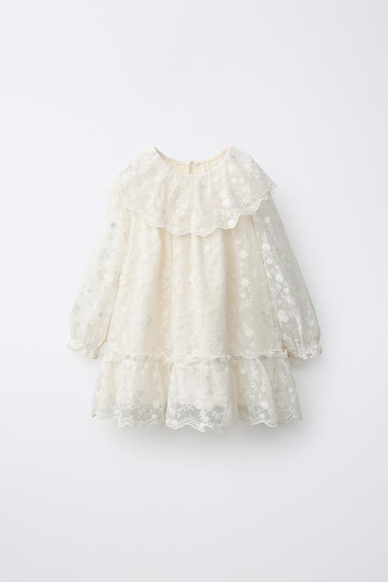 EMBROIDERED FLORAL TULLE DRESS - Ecru by Zara - Image 0