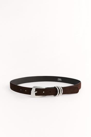 Zara SPLIT LEATHER BELT WITH RECTANGULAR BUCKLE - Brown