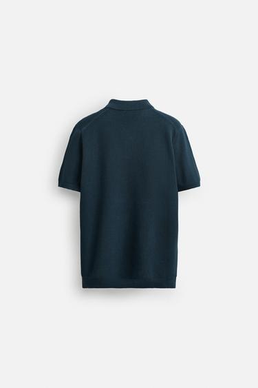 Zara TEXTURED KNIT POLO SHIRT - Faded blue
