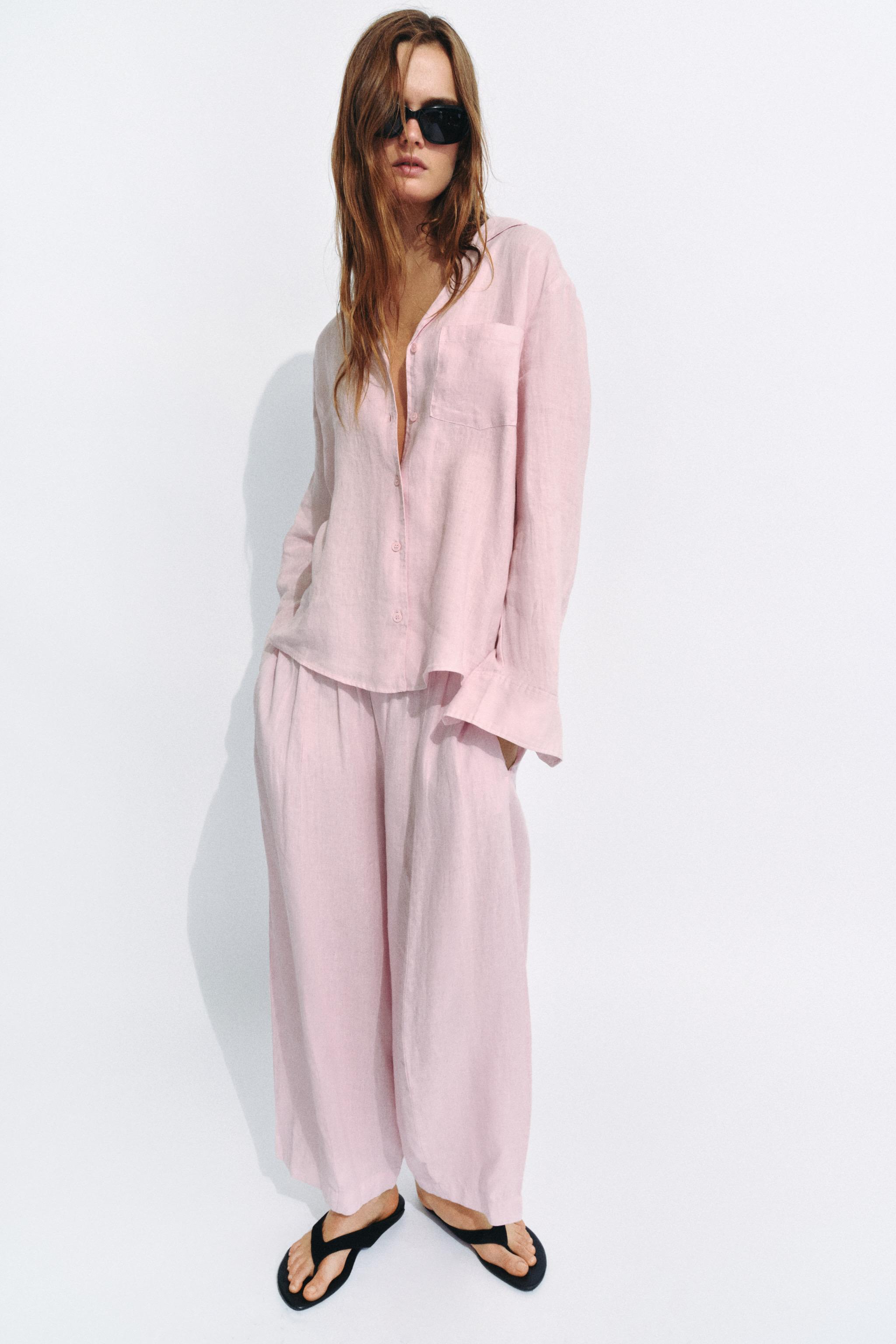 100% LINEN BARREL PANTS ZW COLLECTION — Light mauve