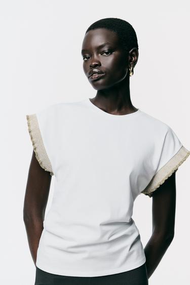 Zara METALLIC THREAD RUFFLE T-SHIRT - White