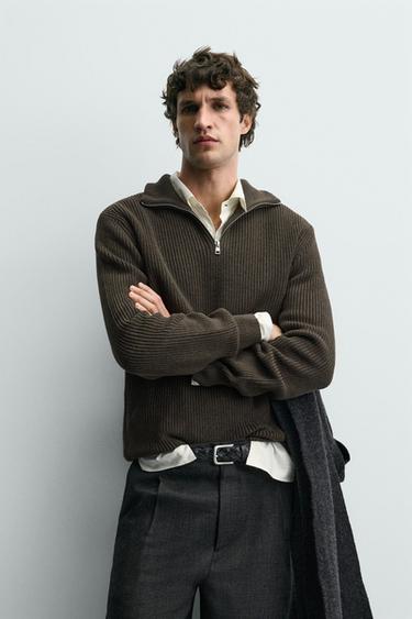 PURL KNIT ZIP-UP JUMPER - Chocolate by Zara