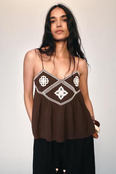 EMBROIDERED STRAPPY TOP - Brown by Zara