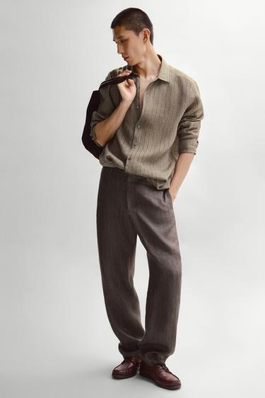 Zara 100% linen striped straight-leg pants - Brown