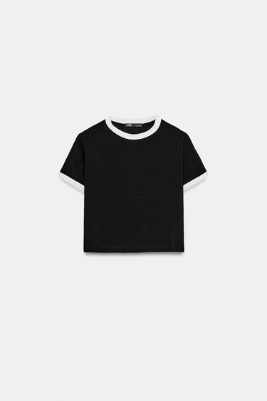 CAMISETA CROP RIB CONTRASTE - Negro / Blanco de Zara - Imagen 0