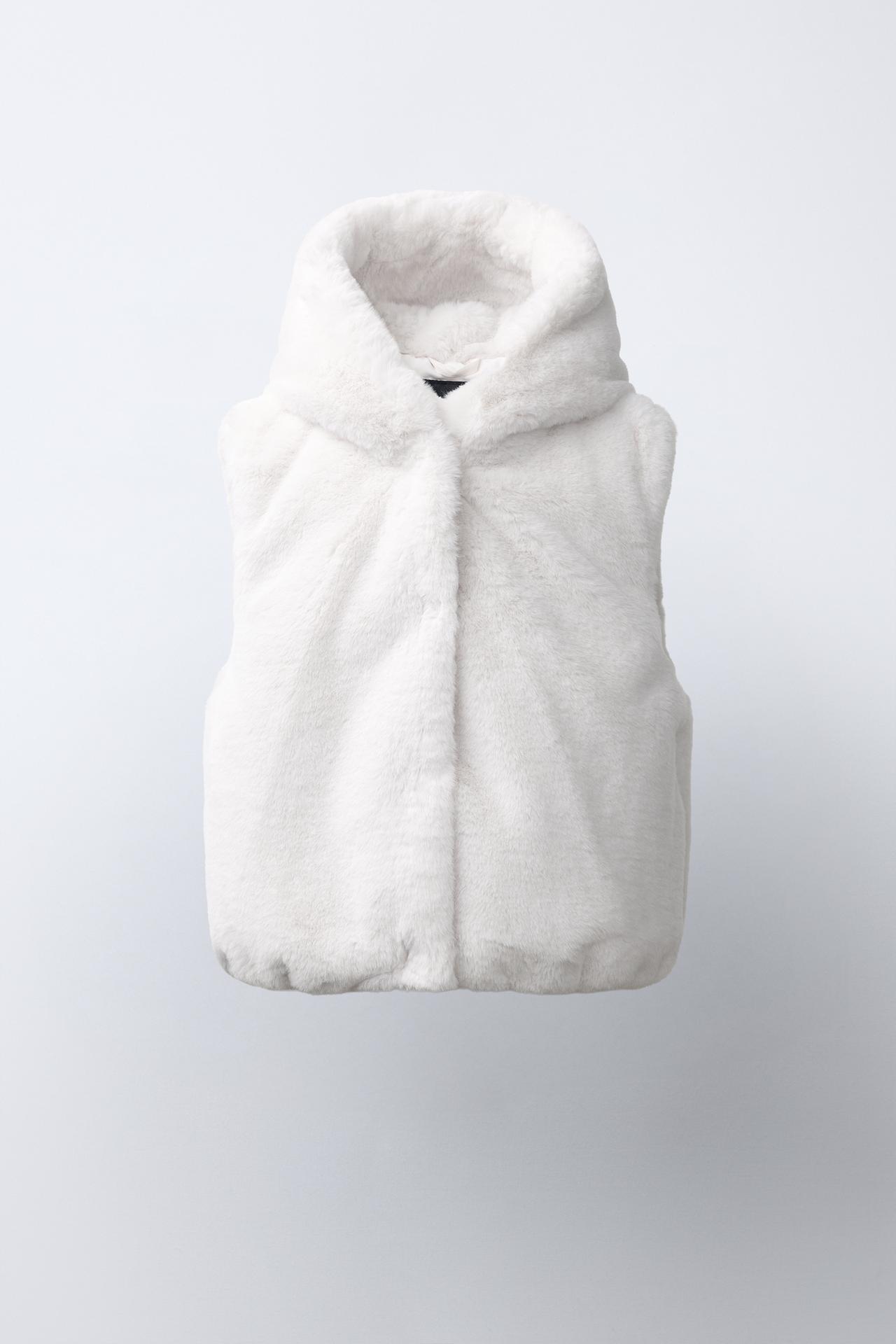 FAUX-FUR HOODIE VEST — Oyster-white