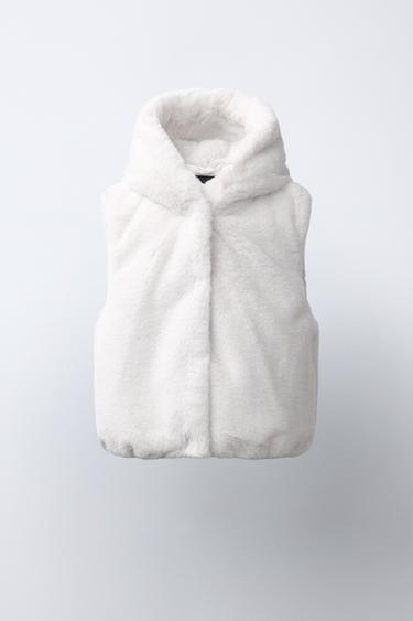 FAUX-FUR HOODIE VEST — Oyster-white 1