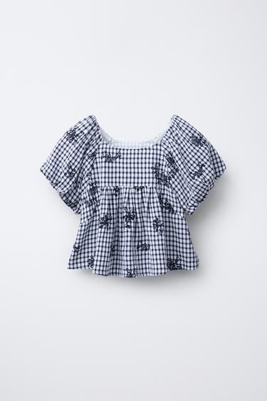 GINGHAM TOP WITH FLORAL EMBROIDERY - Navy blue by Zara - Image 0