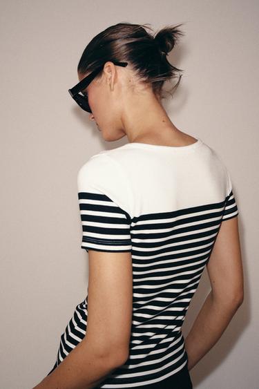 STRIPED SHORT SLEEVE T-SHIRT - Ecru / Blue by Zara - Image 2