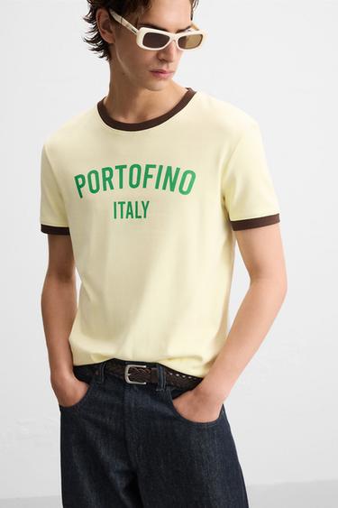 SLOGAN T-SHIRT WITH CONTRAST RIB - Pastel yellow by Zara