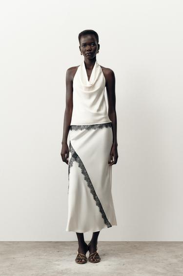 SATIN HALTER TOP WITH LACE - Ecru by Zara