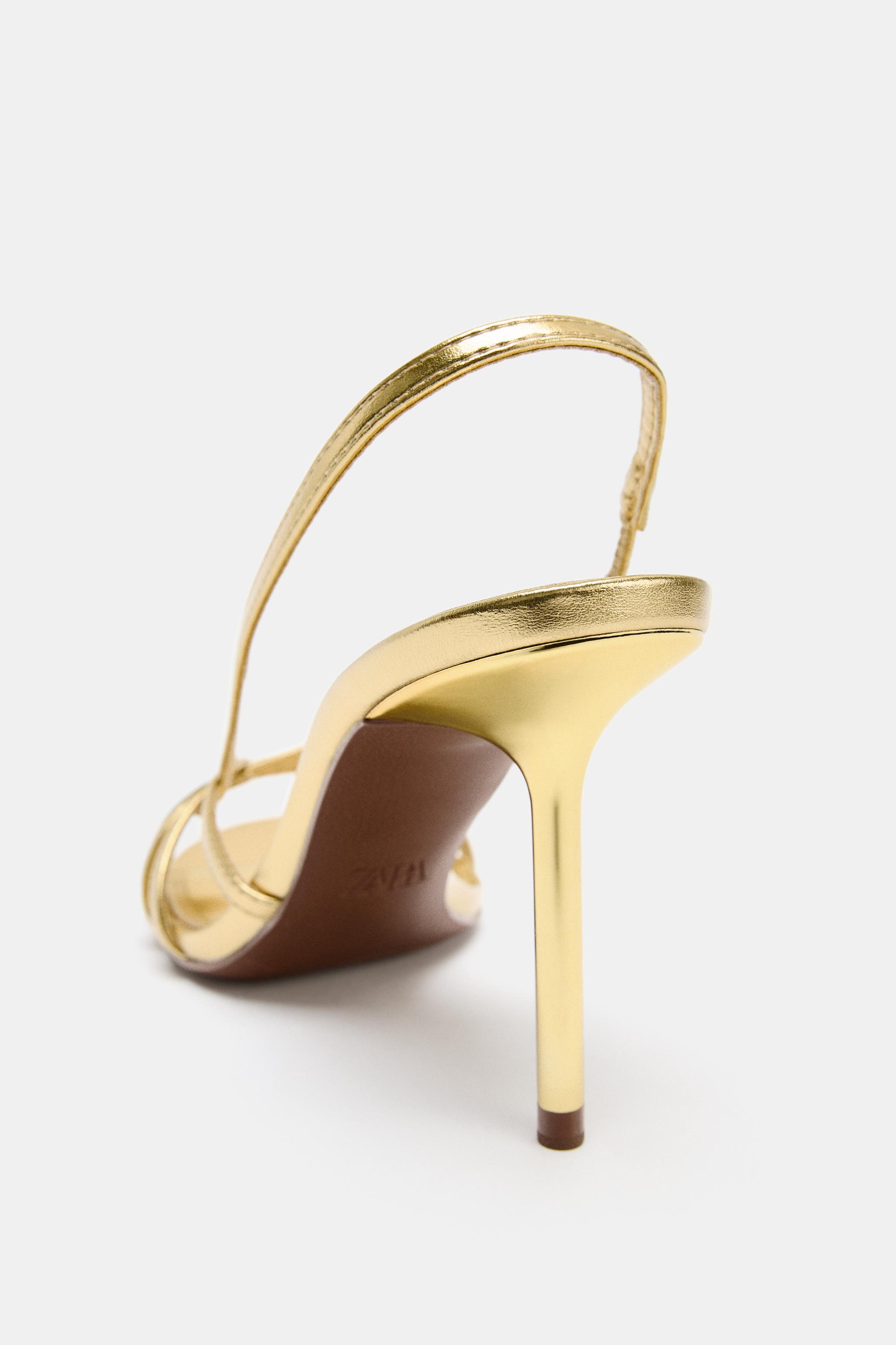 LAMINATED STRAP HIGH-HEEL SANDALS - Gold | ZARA Turkey