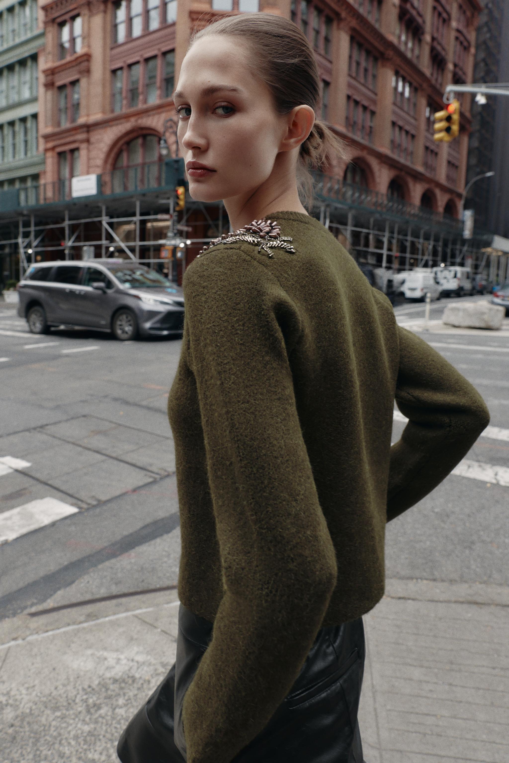 ビーズニットカーディガン - グリーン | ZARA Japan / 日本