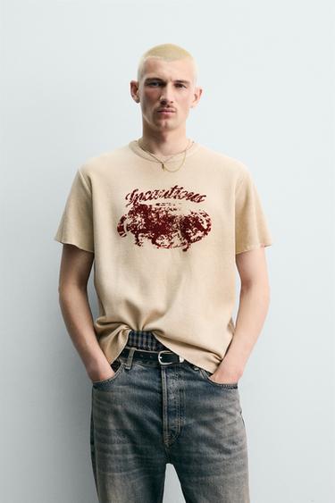 TEXTURED PRINT KNIT T-SHIRT - Ecru by Zara