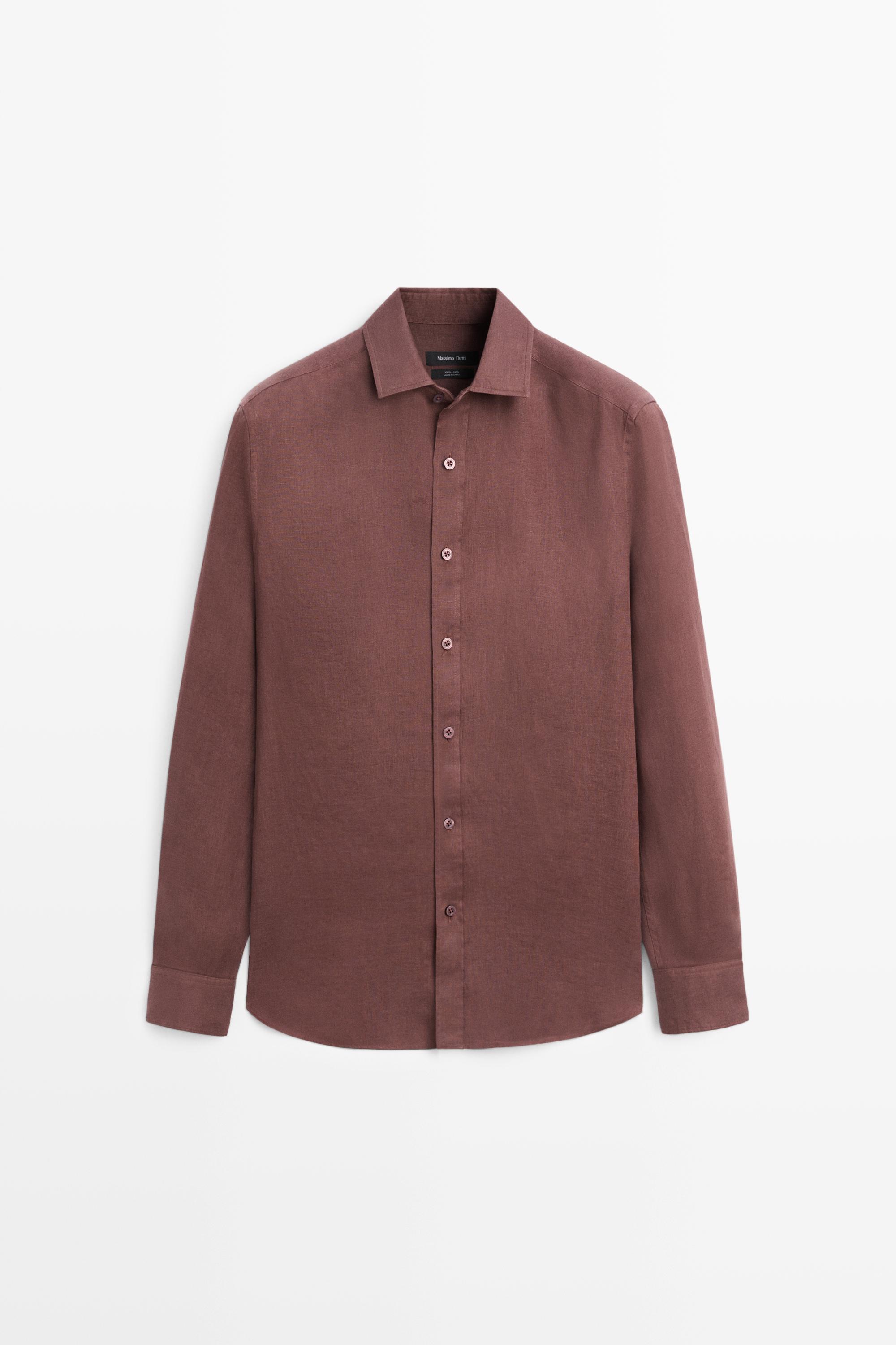 Slim fit 100% linen shirt — Dark maroon