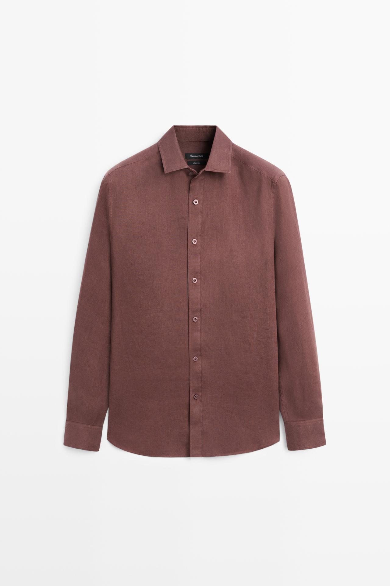 Slim fit 100% linen shirt — Dark maroon