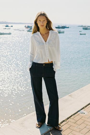 BLOUSE COURTE BRODÉE PERFORÉE - Blanc de Zara