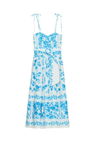 PRINTED POPLIN MIDI DRESS - Blue/White by Zara