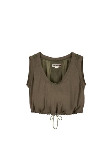 Olive Green Sleeveless V-Neck Top with Adjustable Hem Drawstring. Inner label: "ZARA SRPLS".