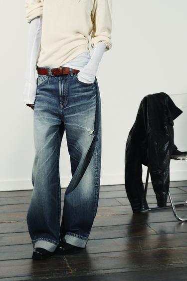 TRF ダメージ加工バギーフォルドミッドライズデニムパンツネイビーブルーZaraのTRF ダメージ加工バギーフォルドミッドライズデニムパンツ - ネイビーブルー