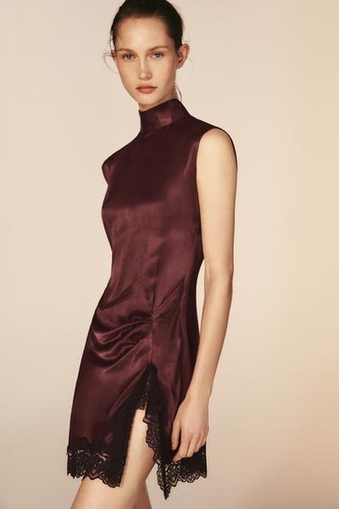 Zara COMBINATION LACE MINI DRESS - Burgundy