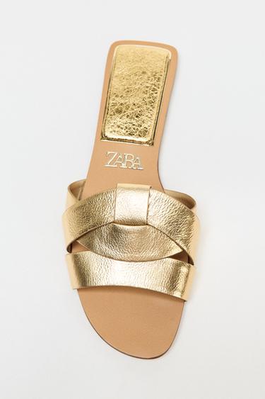 FLAT LEATHER SLIDE SANDALS - Gold by Zara
