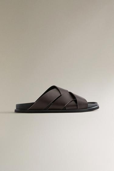 Zara LEATHER CROSSOVER STRAP SANDALS - Brown