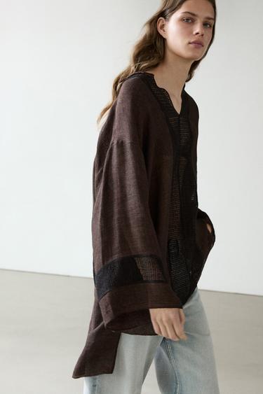 Zara Flowing oversize linen blend blouse with lace trim - Brown marl