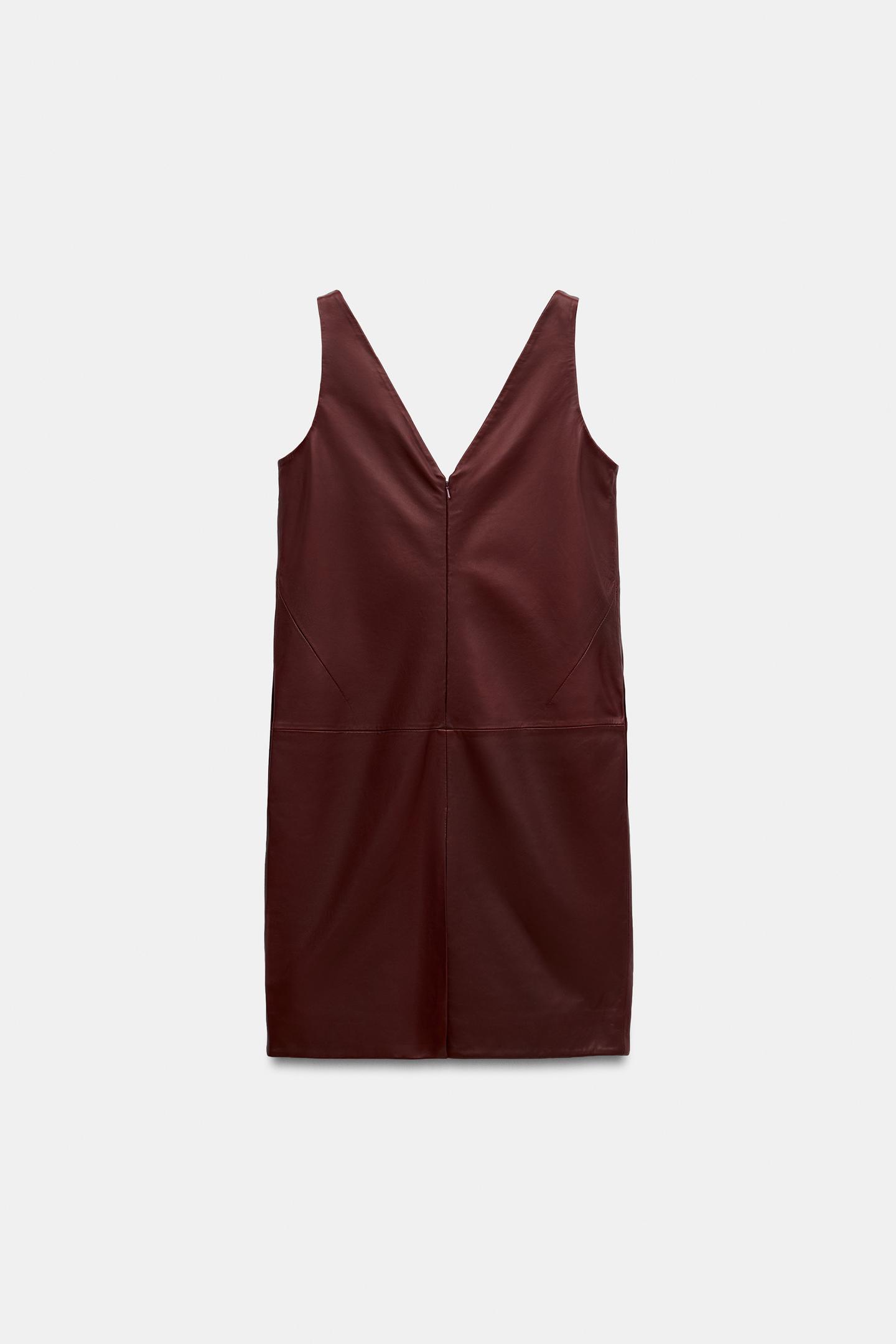 Женское платье Zara 100% Leather MIDI Dress ZW Collection, цвет: Бордовый — фото 6
