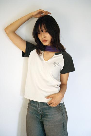 Zara WASHED RAGLAN SLEEVE T-SHIRT - Ecru