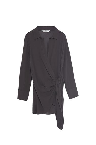 Dark grey long-sleeved wrap-over shirt with a knot at the waist against a white background. Label with ZARA text.