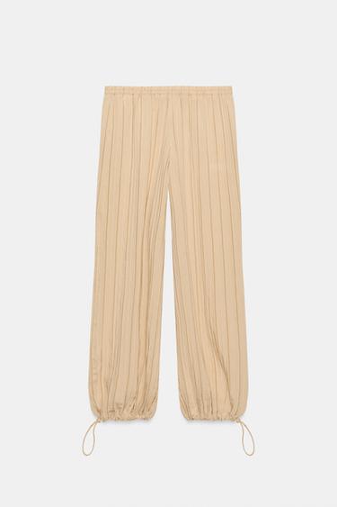 PANTALON LARGE À RAYURES ET TAILLE ÉLASTIQUE - Sable de Zara - Image 6